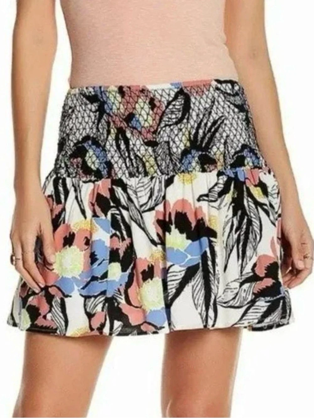 Free People LA Nights Smocked Floral Mini Skirt Summer Boho Vacation Stretchy